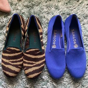 Two pairs of rothys original loafers, Cornflower, and Chai zebra sz 8